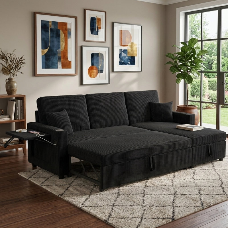 83.5'' Convertible Sleeper Sofa with Pull-Out Bed, Corduroy L Shaped Sectional Couch with Storage Chaise & USB Charging Port