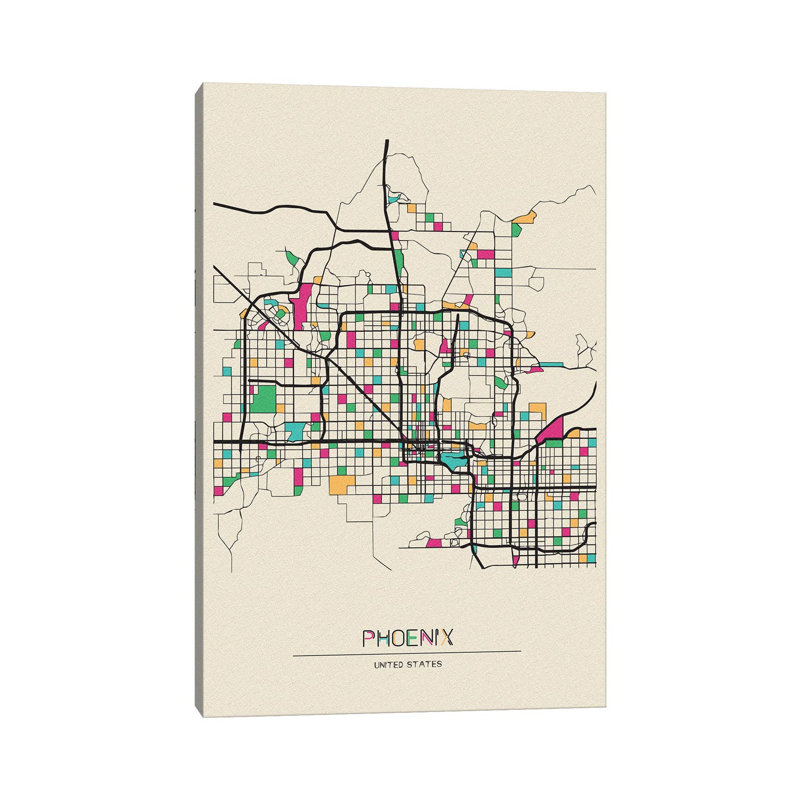 Phoenix, Arizona Map par Ayse Deniz Akerman - Giclée sur toile tendue avec châssis, H 12 po x l 8 po x P 0,75 po
