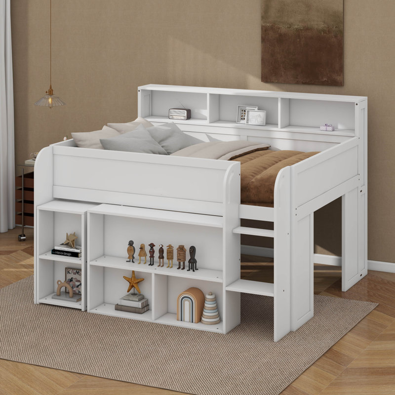 Lit mezzanine double en bois avec plusieurs tablettes de rangement, bureau et DEL, Blanc
