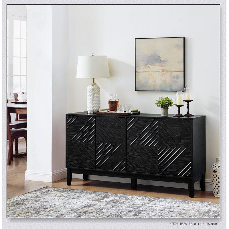 60.5'' Mid Century Modern Buffet Cabinet With Geometric Pattern, Adjustable Shelves, And Fluted Sideboard For Versatile Storage