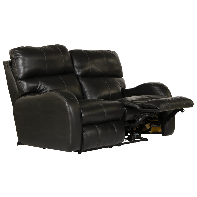 Gleeson 60" Top Grain Italian Leather Match Power Reclining Loveseat with Adjustable Headrest, Black Leather