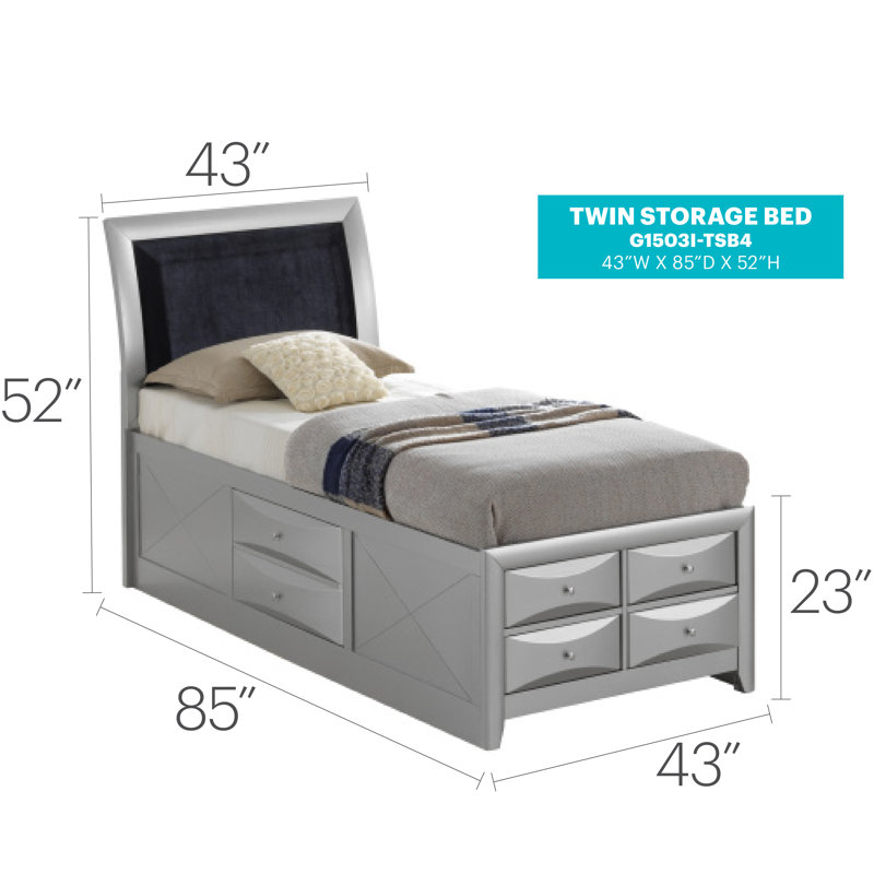 Champetre Vegan Leather Platform Storage Bed, Twin, Silver
