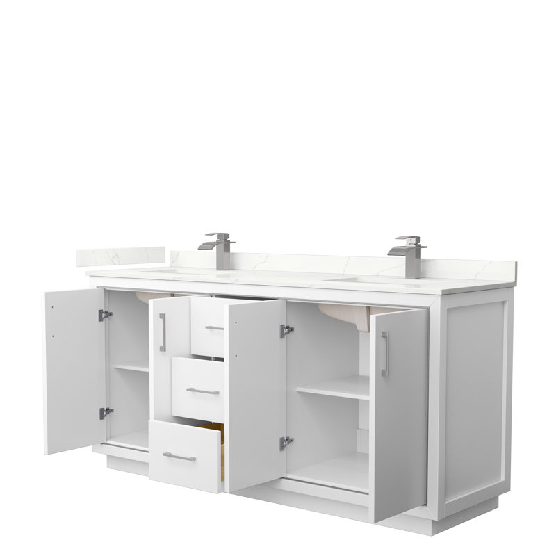 72'' W Double Vanity, White, Giotto Quartz, Satin Bronze