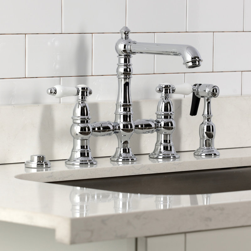 Kingston Brass Bel-Air Two-Handle 4-Hole Deck Mount Bridge Kitchen Faucet With Brass Side Sprayer, Polished Chrome