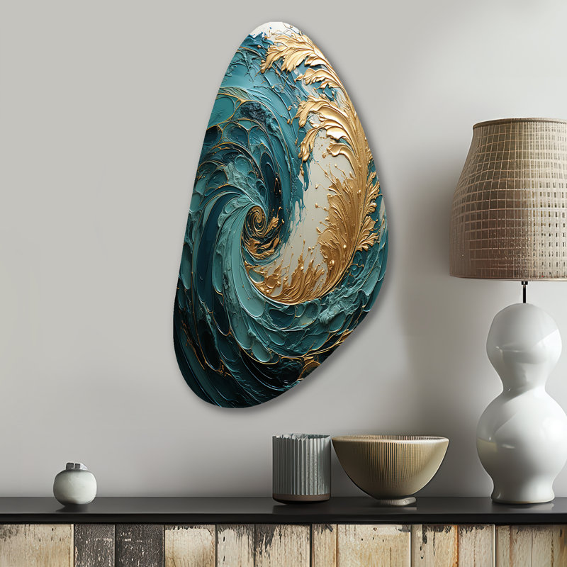 «Enfield - Abstract Spirals Unique Shape», reproduction d'art asymétrique en métal doré, H 31 po x l 17 po