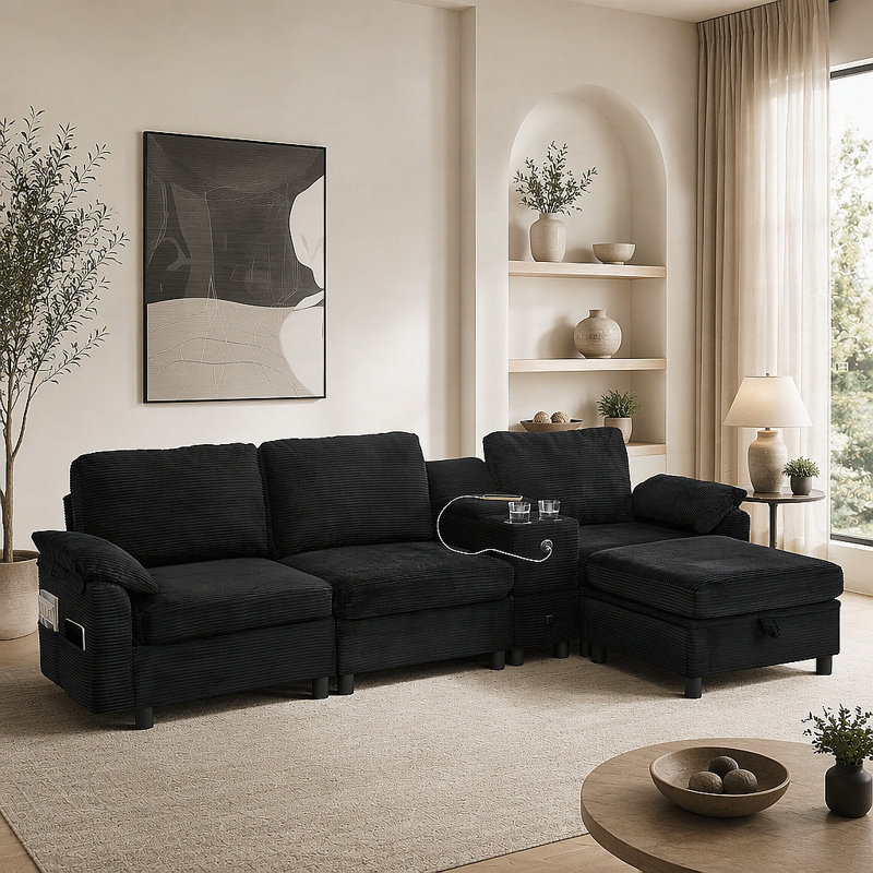 Canapé modulaire modulaire avec console de rangement et méridienne relevable, Velours côtelé noir