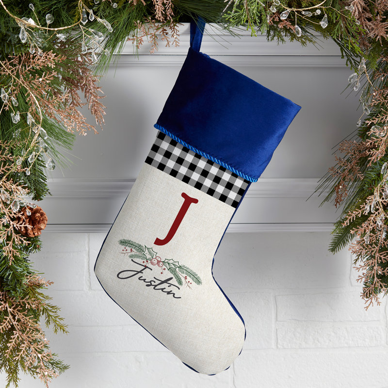 Chaussette de Noël festive à feuillage personnalisé, Bleu, Oui