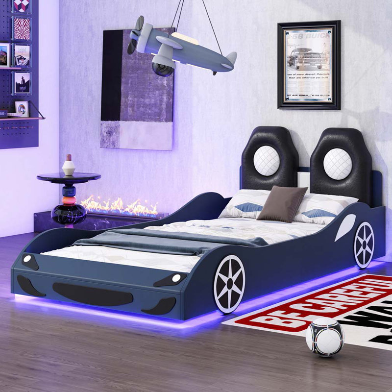 Lit plateforme en forme de voiture avec DEL et dossier rembourré, Bleu