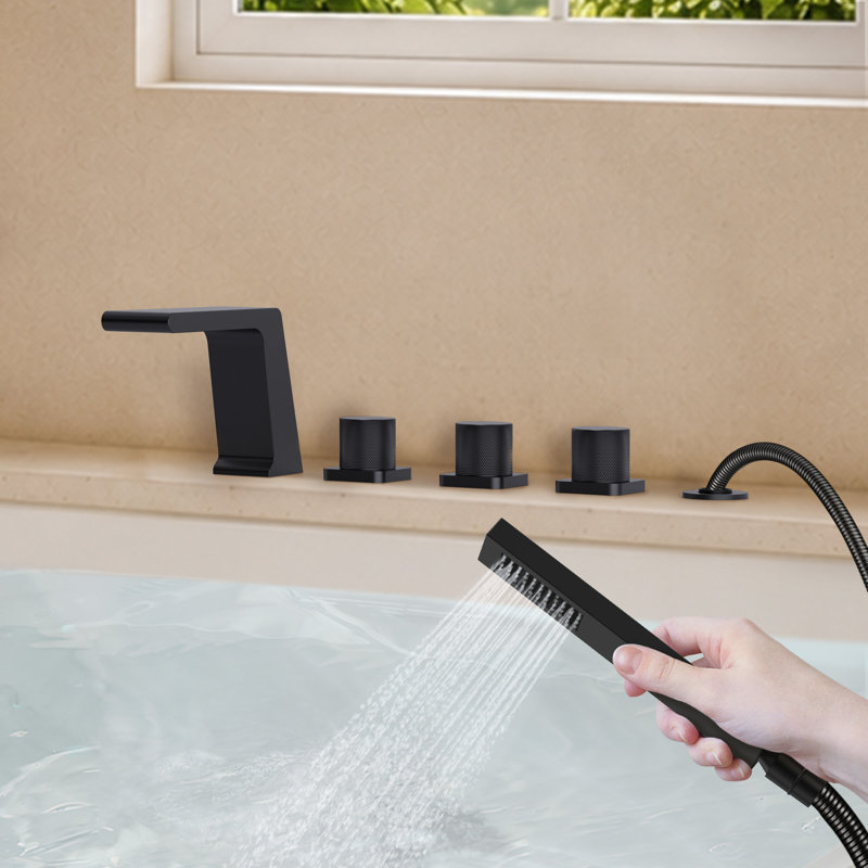 Robinet de baignoire romaine à 3 poignées à fixation sur le comptoir avec bec cascade et douche à main, Noir mat