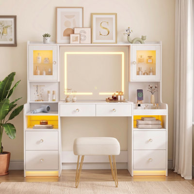 Menicia 61.6" Makeup Vanity Desk with Lighted Mirror, Tempered Glass Top, Power Outlet, 4 Drawers, and RGB Lighted Cabinet