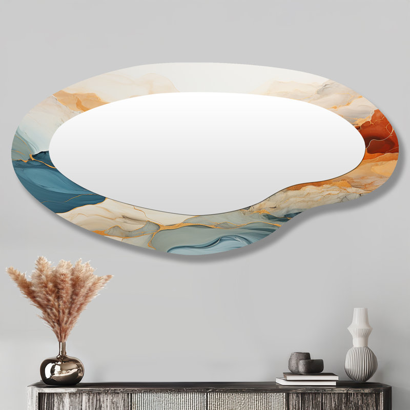 Abstrait abstrait orange et bleu rivière - miroir mural décoratif asymétrique moderne en marbre abstrait