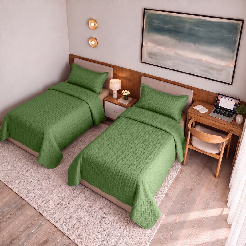 Ensemble de couvre-lit à motif de feuilles en relief pour lit simple – 2 couvre-lits et 2 taies d'oreiller, OLIVE GREEN