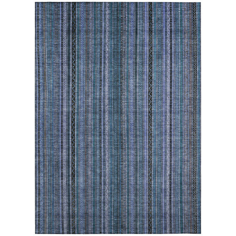 Blue and White Striped Washable Synthetic Indoor/Outdoor Rug 2'6" x 3'10"