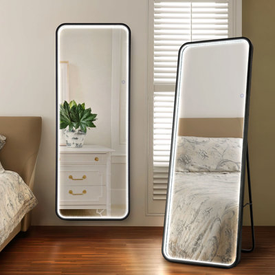 Tatum 24 in. W x 65 in. H LED Crystal Lined Rectangle Metal Framed Anti-Fog Front-Lit Tri-Color Wall or Floor Full Length Mirror with Smart Touch, Black