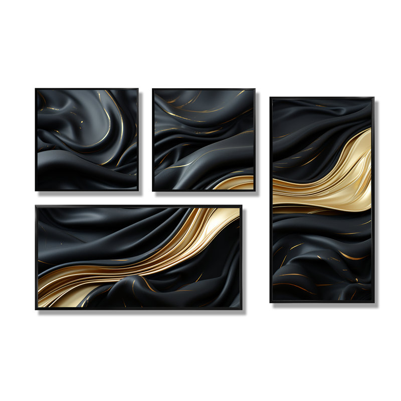 Or doux et doré, vague douce fusion - art mural moderne sur toile 4 pièces, Impression encadrée sans passe-partout, Noir