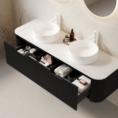 Meuble-lavabo de 60 po avec 2 lavabos ronds blancs, tiroirs, finition noire matte, temps d'installation rapide, lavabos flottants en céramique à structure en contreplaqué, tiroir à rayures 3D, rangement spacieux, quincaillerie à fermeture en douceur