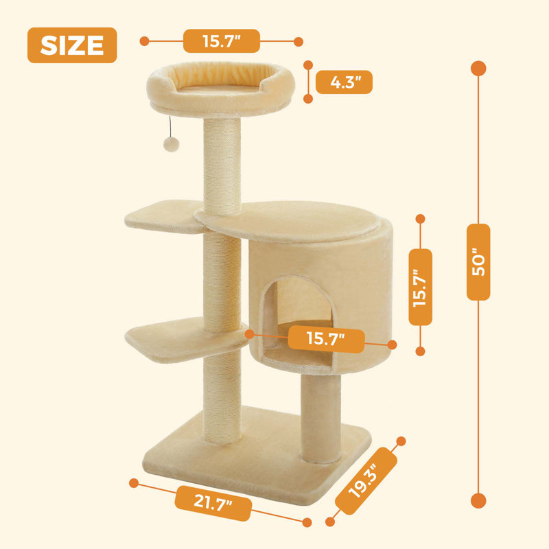 48" Cat Tree Tower With Fully-Wrapped Scratching Posts, Multi-Level Cat Condo, Perch & Hammocks, Beige