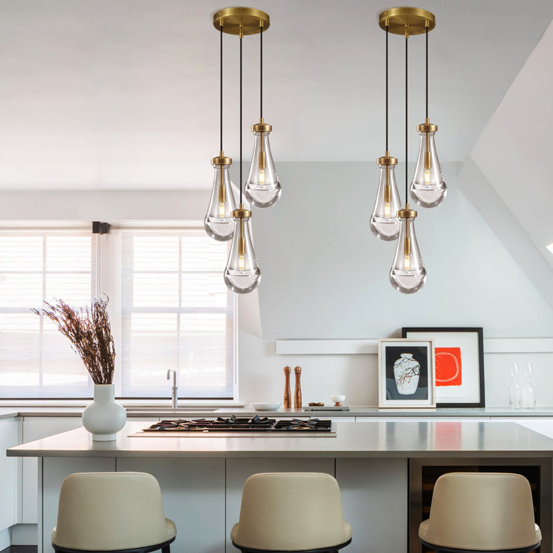 3 - Light Cluster Teardrop Kitchen Island Pendant Lights (Bulbs Included), Brass