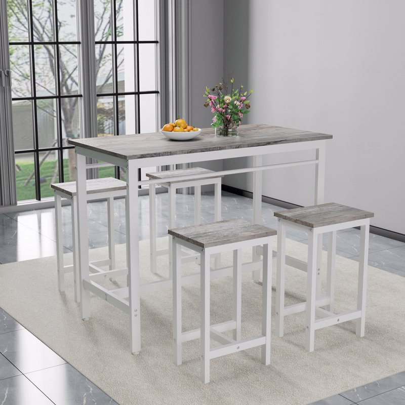 Ensemble de 5 tables de cuisine 5 pièces avec quatre tabourets de bar, structure en métal et panneau de fibres à densité moyenne