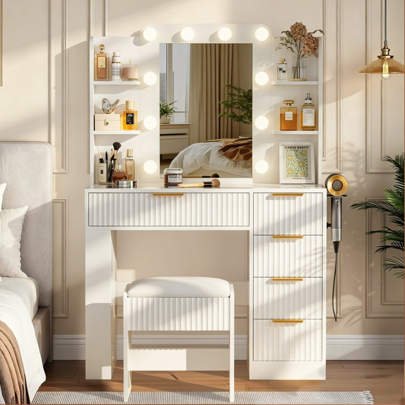 Modern Fluted Makeup Vanity Set with LED Bulb Mirror, Multi Storage Drawers & Matching Upholstered Stool