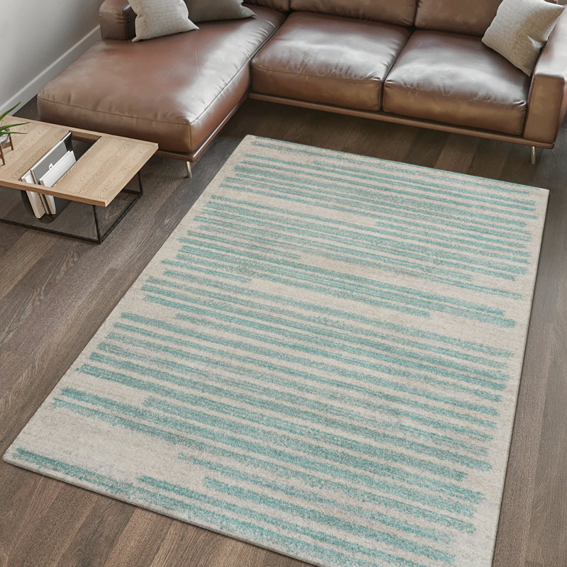 Kaylonie Modern Berber Stripe Cream/Turquoise Rug, Rectangle 7'9" x 10'