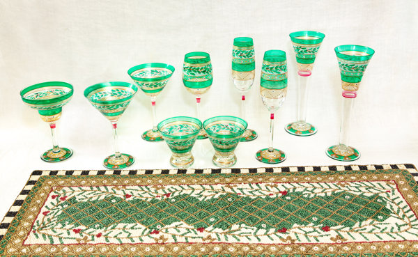 Christmas Wine Glasses and Matching Carafe Hand Painted Holly