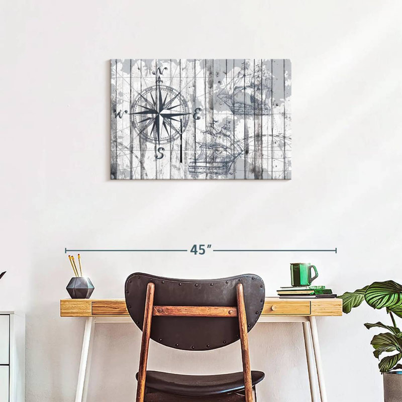 Boussole, reproduction sur toile, H 20 po x l 30 po x P 1,25 po