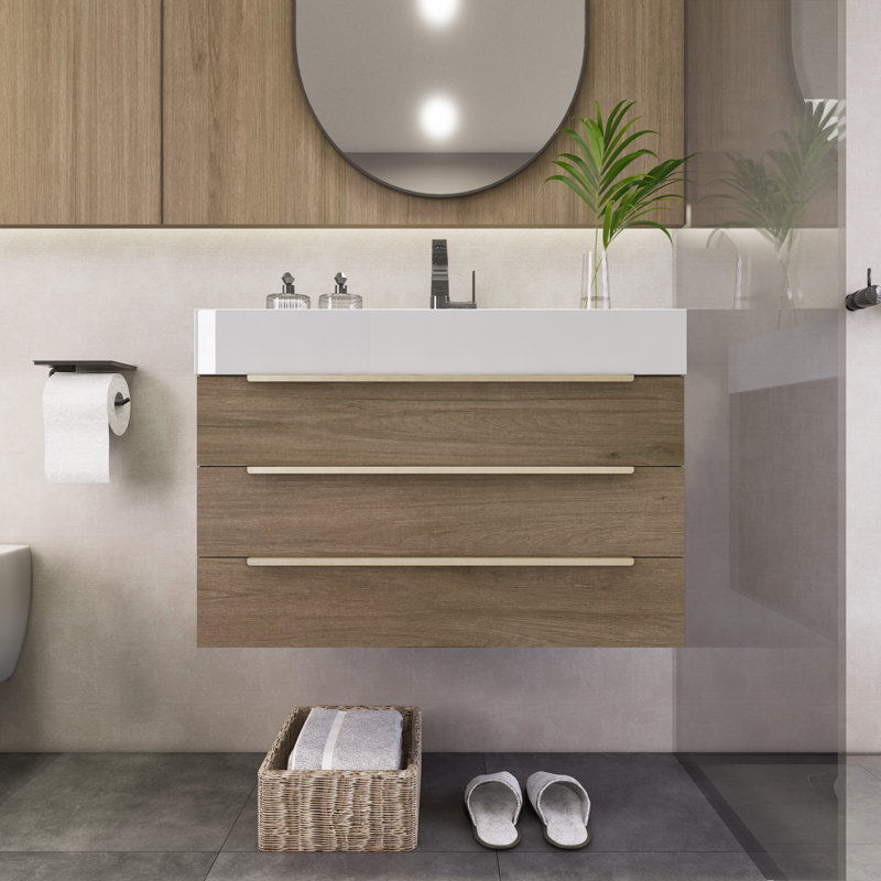 Ensemble de meuble-lavabo mural simple 29,8 po Platte, Chêne clair
