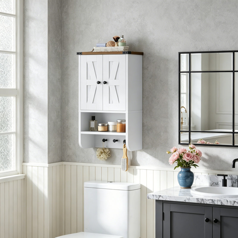 Armoire de salle de bain murale avec tablette réglable, Blanc et noyer