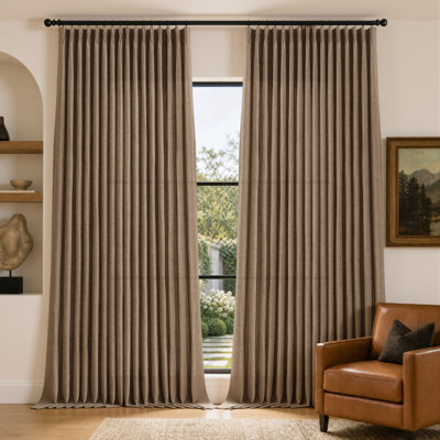 96 Inch Linen Blend Pinch Pleated Curtains, Memory Trained Light Filtering Drapes, Neutral Modern Curtains for Living Room Bedroom, 2 Panels, Dark Flax
