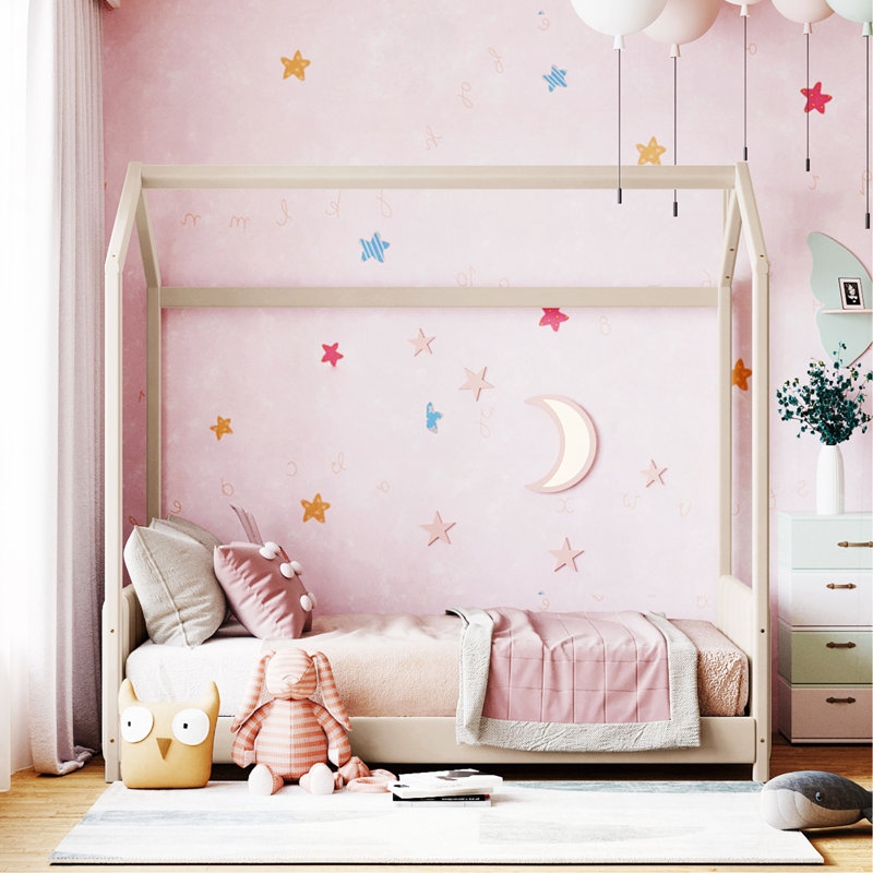 Lit simple en bois et velours, beige, Beige, Twin