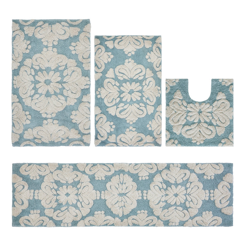 Ensemble de tapis pour salle de bain 100% coton 1885 GSM Chemash Premium, certifié OEKO-TEX®, envers en latex antidérapant, tapis de bain touffetés moelleux et tapis de contour pour douche, baignoire, meuble-lavabo, lavabo et toilette, super absorbant, machine Lavable, bleu