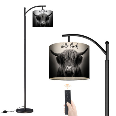 Arc Floor Lamp with Adjustable Lampshade Highland Cow Bathroom Black White Humor Animals Cow Standing Lamp 3 Color Temperatures Dimmable Tall Pole Lamp with Foot Switch for Bedroom