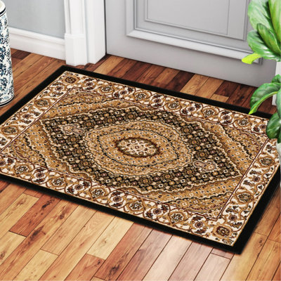 Luxueux traditionnel 24 po Tapis noir et large large par 36, motif de médaillon fabriqué à la machine, 100% polypropylène, médaillon rectangulaire orné de teinture classique et animal de compagnie