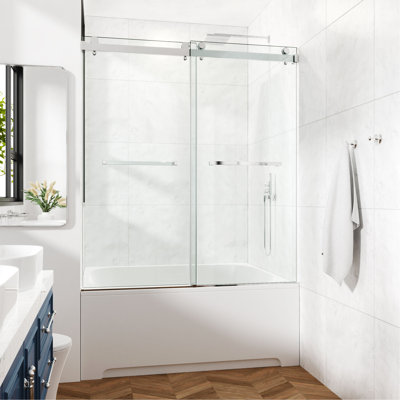 Porte de douche coulissante double sans cadre 60 po x 60 po, porte de douche double, verre trempé de 3/8 po (10 mm), acier inoxydable