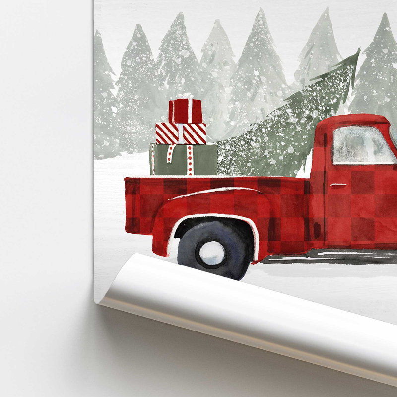 Camionnette rouge, arbre de Noël imprimé, Sans cadre, papier, H 16 po x l 20 po