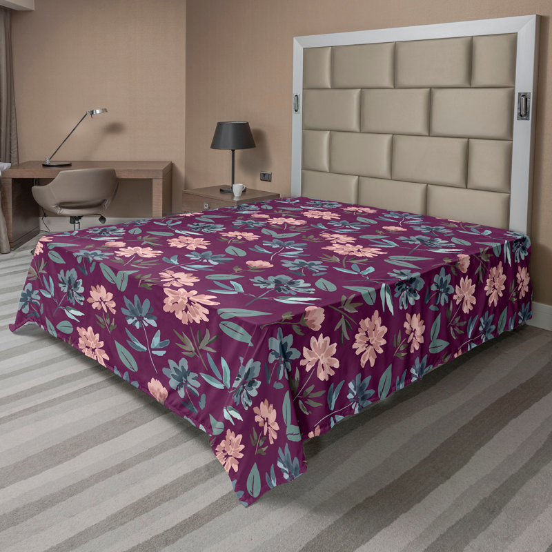 Floral Flat Sheet, Dark Magenta and Laurel Green