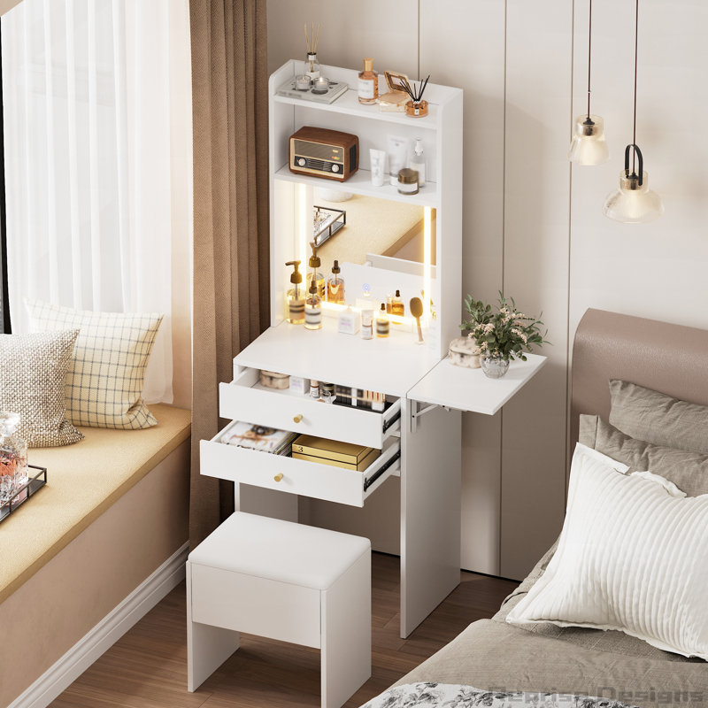 Ensemble de petite coiffeuse avec 3 miroirs lumineux réglables et chaise de rangement