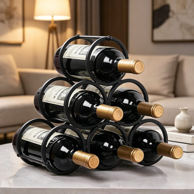 Small Tabletop Wine Rack for Six Bottles, Triangle Freestanding Countertop Wine Bottle Holder, Cabinet Pantry Wine Storage Stand and Bottle Organizer