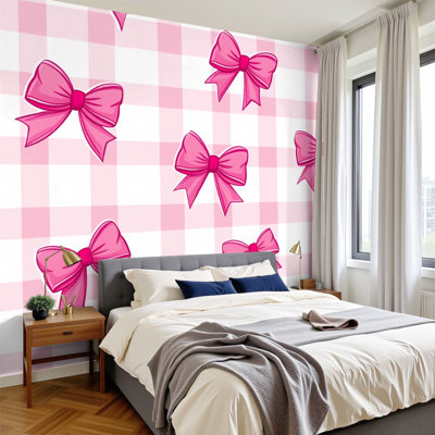 Peel and Stick Wallpaper Pink Bow Pastel Gingham Cute Feminine Repeating Design Wall Murals 100"H x 144"W Removable PVC Wall Paper Self-Adhesive Wall Decor for Bedroom Living Room Home Office