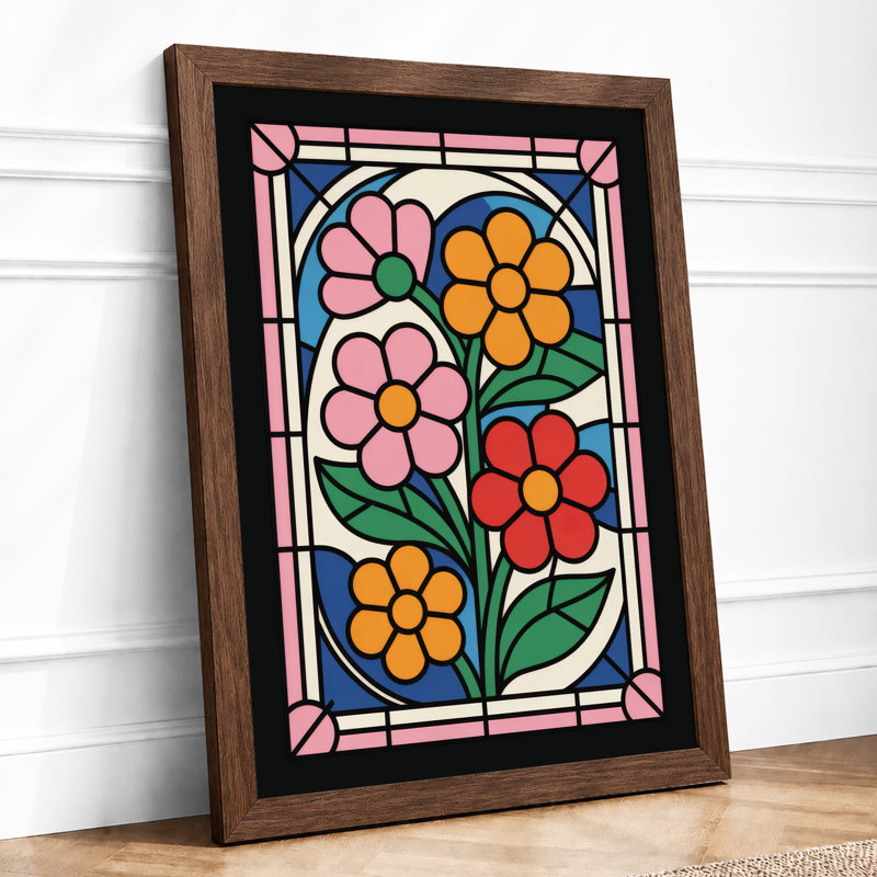 Stained Glass Flowers Botanical - Framed Print, Walnut, A3 - 42.0 x 29.7 cm