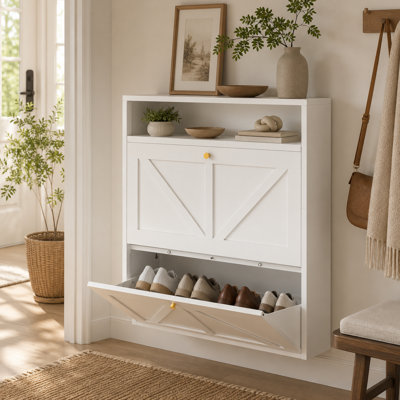 Ensemble de 1 armoire à chaussures murale blanche en métal avec 2 tiroirs rabattables pour entrée de maison