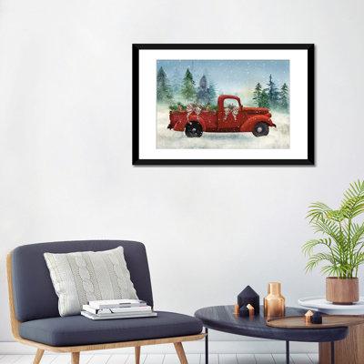 Red Truck Winter - reproduction d'art murale - papier d'art encadré