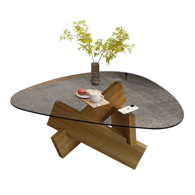 Table basse moderne en verre avec base en bois de noyer, table d'appoint de style Mid-Century 32,3 po pour le salon