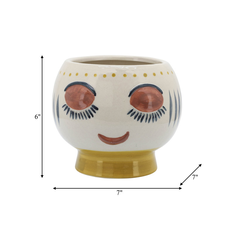 Stoneware Ceramic Planter with Decorative Face Design and Elevated Base for Modern Contemporary Decor, 6" H x 7" W x 7" D