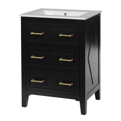 Ensemble de meuble-lavabo sur pied 24 po avec lavabo en céramique, ensemble de meuble-lavabo simple autoportant avec 3 tiroirs et cadre en bois massif