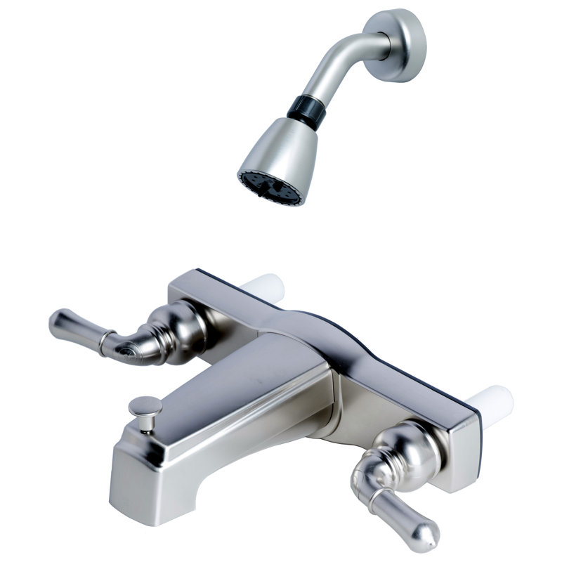 Mobile Home Two Handle Non-Metallic Tub and Shower Diverter with Shower Head, Brushed Nickel