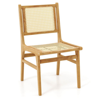 Rattan Dining Chair With Natural Cane Woven Backrest & Seat & Teak Wood Frame
