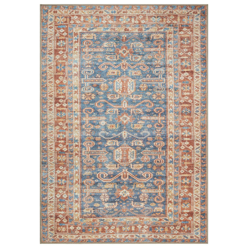 GLN Rugs Traditional Collection - Machine Washable Area Rug, Traditional Washable Rug, Non Slip Washable Rug, Low Pile Chenille Living Room Rug, Bedroom Rug, Kitchen Rug (Terra and Blue Rug)
