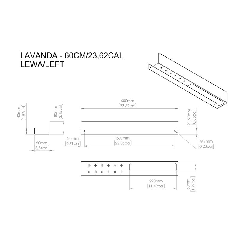 LAVANDA Metal Floating Shelf with Towel Bar, White, 8cm H x 60cm W x 9cm D